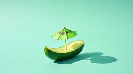 Cucumber boat with umbrella summer food art healthy eating creative food photography still life green background