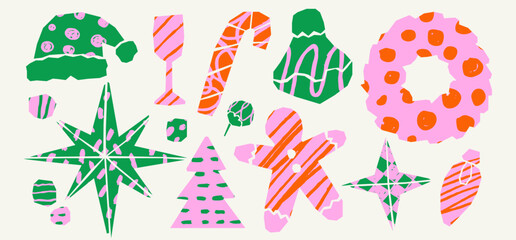 Holiday paper cutout set. Colorful naive doodles and crayon scribbles texture. Playful irregular asymmetry icons. Gingerbread, tree, wreath, candy cane, stars for collage or scrapbook.
