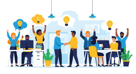 Diverse professional team celebrating successful collaboration and innovative ideas with a handshake in a modern office environment.