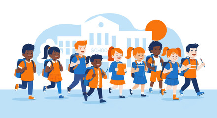 A diverse group of cheerful children with backpacks are enthusiastically running towards a school building under a bright sun.
