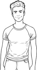Black and white illustration of a handsome man in casual style minimalist modern line art drawing
