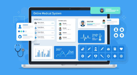 A laptop screen displaying a modern online medical system dashboard with patient data, doctor profiles, vital signs, charts, and medical icons, alongside a stethoscope.