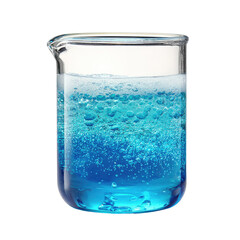 Clear glass beaker filled with vibrant blue liquid and bubbles