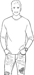 Black and white illustration of a handsome man in casual style minimalist modern line art drawing
