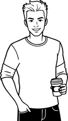 Black and white illustration of a handsome man in casual style minimalist modern line art drawing
