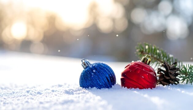 Festive red and blue ornaments rest in snowy winter scene