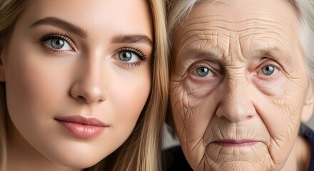 This image contrasts the smooth skin of a young woman with the wrinkles of an elderly woman, symbolizing the passage of time and beauty.