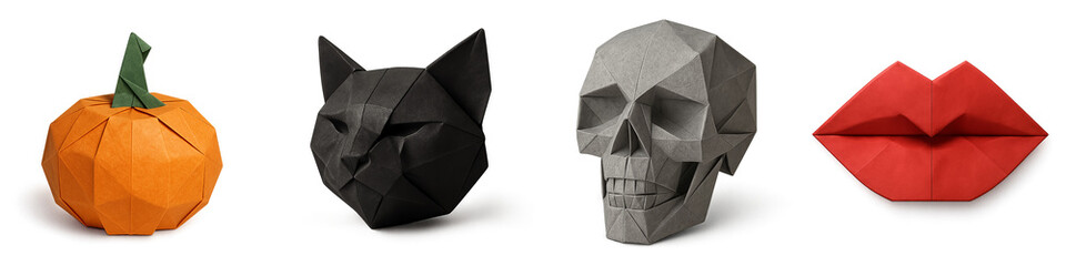 Origami Halloween Set Isolated on White Background &ndash; Creative Paper Art for Festive Decor

