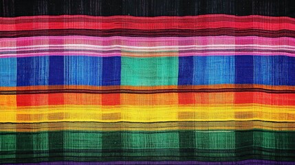 A vibrant and colorful pattern of Mexican serape fabric, with each stripe in different colors like reds, pinks, greens, yellows, blues, and black