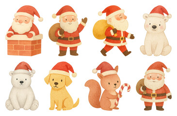 PNG Cute Christmas animal illustrations, element set on transparent background