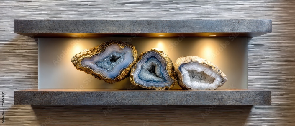 Poster crystal geode decor concept. decorative display of three geodes on a textured shelf with lighting.