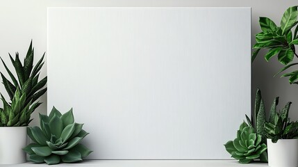 A white canvas with a clean and minimal design, featuring a few randomly placed succulent plants around the edges and corners