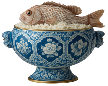 Fried fish with rice in blue ceramic bowl Asian cuisine ornate floral pattern traditional food elegant presentation appetizing cultural decorative detailed vibrant