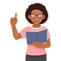 African woman reading book novel pointing finger up for copy space
