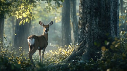 A white-tailed deer buck in the woods next to an old tree, looking back at the camera, 