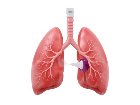 Anatomical model of human lungs with a purple and white inhaler attached to the right lung isolated on a transparent background