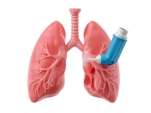 Anatomical model of human lungs with a blue inhaler attached to the right lung respiratory system isolated on a transparent background