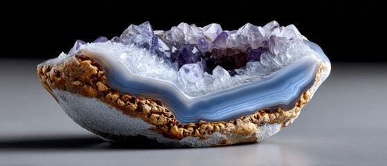 crystal geode decor concept. Natural blue agate geode with intricate patterns and textures on a dark background.