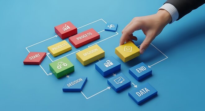 Colorful 3D flowchart design displays a business process, with a hand interacting to visually emphasize a decision-making phase. - Powered by Adobe