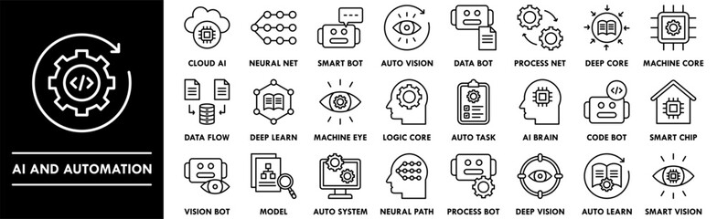 Obraz premium AI and Automation icon collection set. Containing design technology, automation, digital, ai, business, data