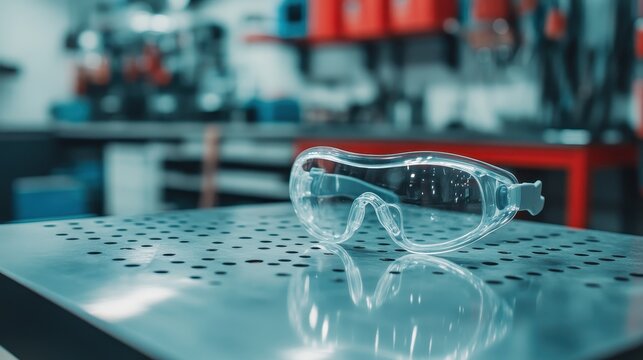 Safety Goggles on Metal Workbench in a Workshop Environment