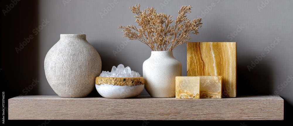 Poster crystal geode decor concept. decorative vases and arrangements on a modern shelf create a stylish in