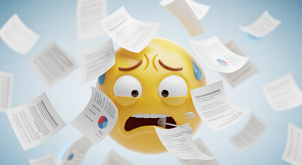 A stressed emoji surrounded by flying papers with charts and text on a blue gradient background