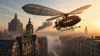 Steampunk airship flying over london cityscape at sunset fantasy art illustration wallpaper image