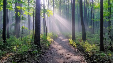 Fototapeta premium Serene Forest Path with Sunlight Beaming Through Tall Trees