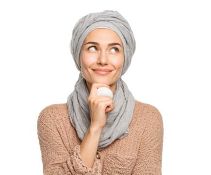 Contemplative woman with scarf portrait neutral isolated on transparent background