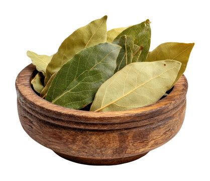 Dried bay leaves in wooden bowl kitchen food natural light isolated on transparent background - Powered by Adobe