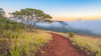 Serene Nature Trail Through Misty Landscape at Dawn
