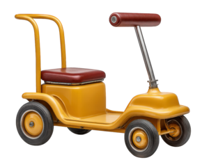 Vintage yellow children go kart toy with red seat, metal frame, three wheels, and handlebar, evoking playful nostalgia and cheerful childhood memories