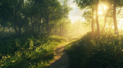Fototapeta premium Serene Pathway Through Lush Forest at Sunrise with Gentle Light