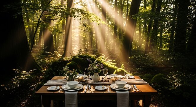 A rustic wooden table set for an outdoor meal in a sunlit forest.