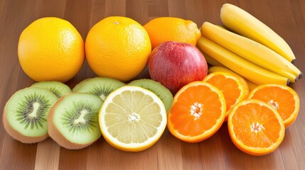 Fresh and Colorful Assortment of Fruits on Wooden Table