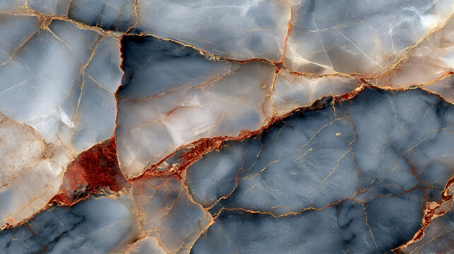 A stunning blue and white marble texture with dramatic cracks filled with gold and deep red, resembling the Japanese Kintsugi art style. A unique and luxurious background.