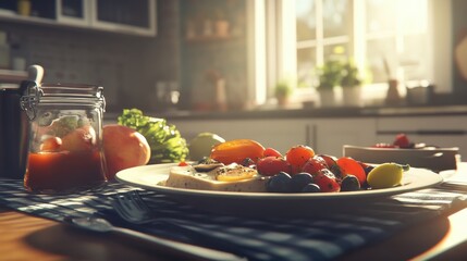Fresh and Colorful Breakfast Spread with Fruits and Vegetables