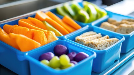 Fresh and Colorful Fruit and Snack Platter in Blue Containers