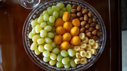 Fresh and Colorful Fruit and Nut Platter on Decorative Plate