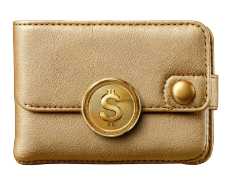 Golden wallet with dollar coin symbol, leather texture, shiny metallic button, financial concept, wealth, luxury accessory, isolated on transparency background