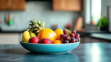 Fresh and Colorful Fruit Bowl on Kitchen Counter with Natural Light