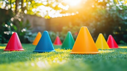 Brightly Colored Cones on Green Grass in Sunny Outdoor Setting