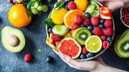 Fresh and Colorful Fruit Bowl with Citrus and Berries on Table