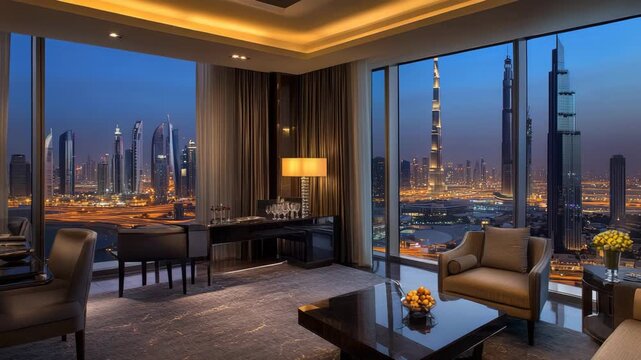 A large living room with a view of the city. There are two couches, a coffee table, and a desk. A luxurious penthouse suite overlooking a sparkling city