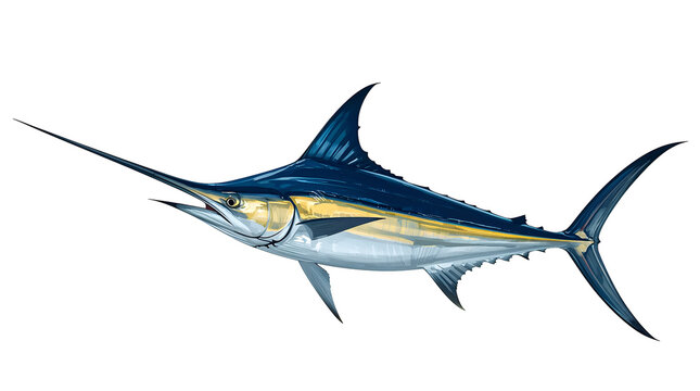 Blue and silver marlin fish with a long spear-like bill on a black background billfish isolated on a transparent background