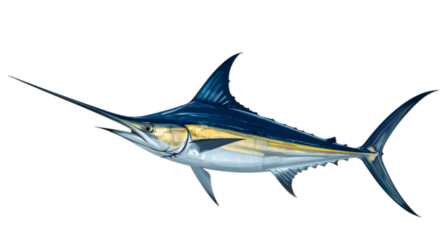 Blue and silver marlin fish with a long spear-like bill on a black background billfish isolated on a transparent background