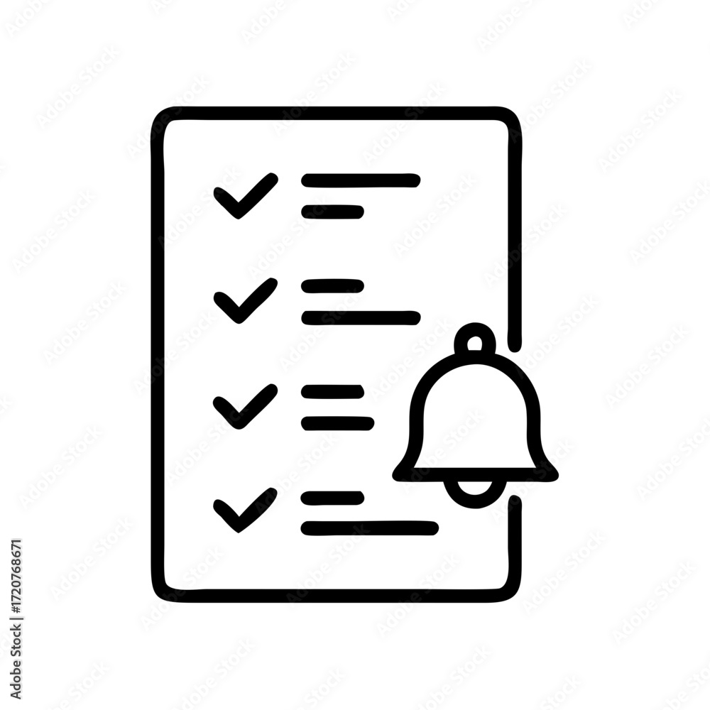 Poster checklist document with bell alert symbol icon for web and graphic design
