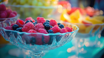 Fresh and Colorful Fruit Display in Elegant Glass Bowls