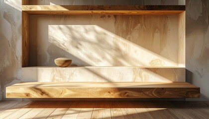 Close-up of podium shelf interior showing wood finish, functional craftsmanship, and dramatic shadow.